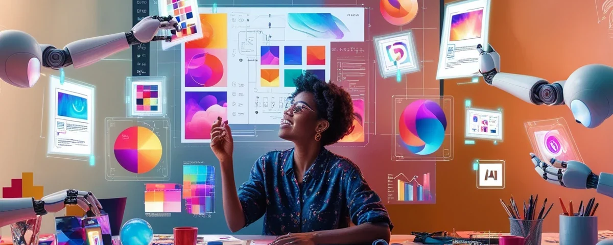 Ilustración de un diseñador gráfico trabajando en un espacio creativo, rodeado de herramientas de diseño digital y elementos de inteligencia artificial en un ambiente colorido, representando la importancia del toque humano en el diseño de marcas en la era de la inteligencia artificial.