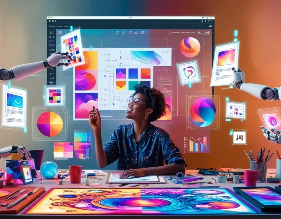 Ilustración de un diseñador gráfico trabajando en un espacio creativo, rodeado de herramientas de diseño digital y elementos de inteligencia artificial en un ambiente colorido, representando la importancia del toque humano en el diseño de marcas en la era de la inteligencia artificial.