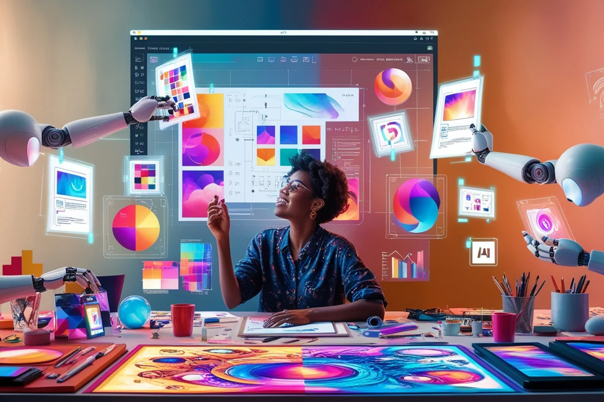 Ilustración de un diseñador gráfico trabajando en un espacio creativo, rodeado de herramientas de diseño digital y elementos de inteligencia artificial en un ambiente colorido, representando la importancia del toque humano en el diseño de marcas en la era de la inteligencia artificial.