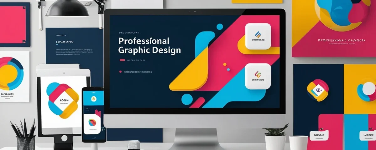 Diseño gráfico profesional en proceso: herramientas de diseño como computadora, tableta gráfica, paleta de colores y bocetos en un escritorio moderno, representando una identidad visual profesional que inspira confianza.