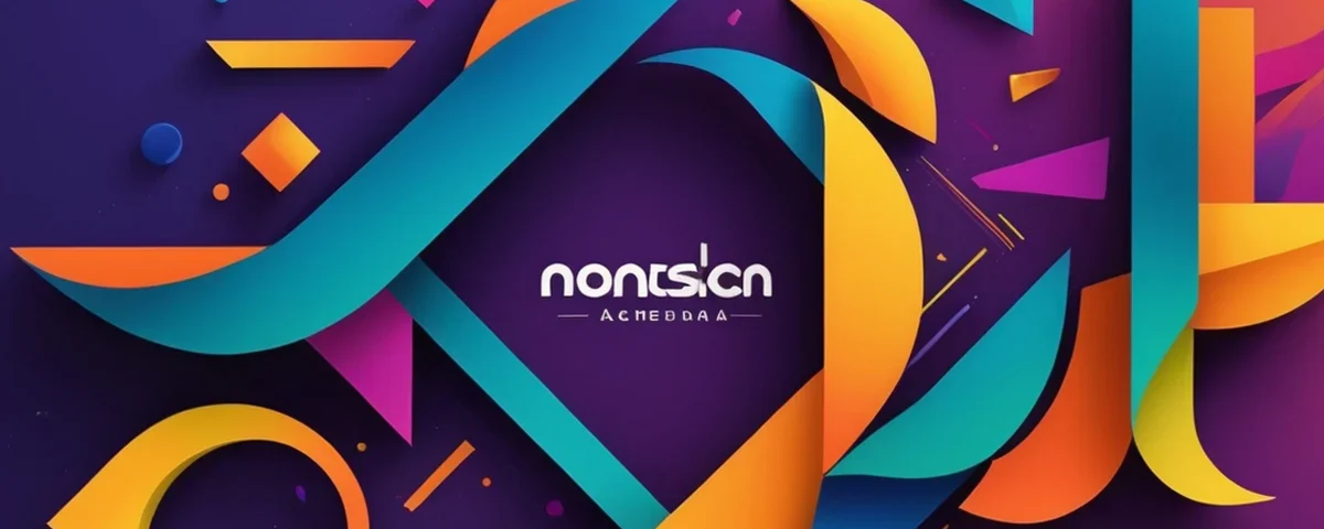 Un logotipo abstracto en proceso de transformación, con un gradiente vibrante de colores (azul, morado, naranja, amarillo y verde), rodeado de patrones geométricos y elementos modernos que simbolizan las tendencias actuales en diseño de branding.