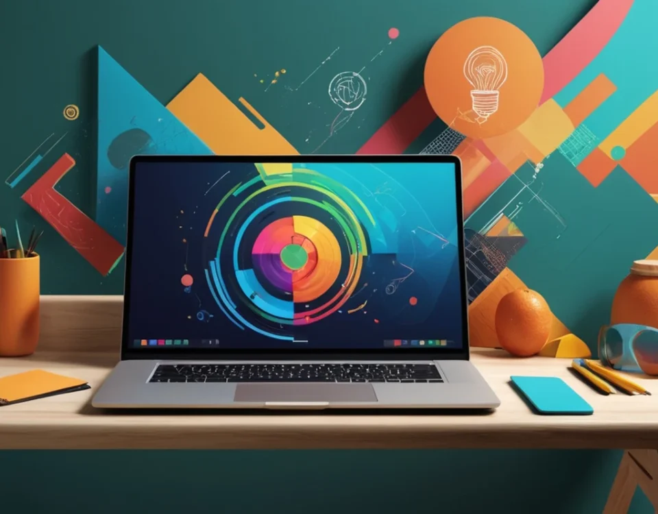 Espacio creativo con herramientas de diseño gráfico como laptop, tableta gráfica y paletas de colores, representando la importancia del diseño profesional en emprendimientos.