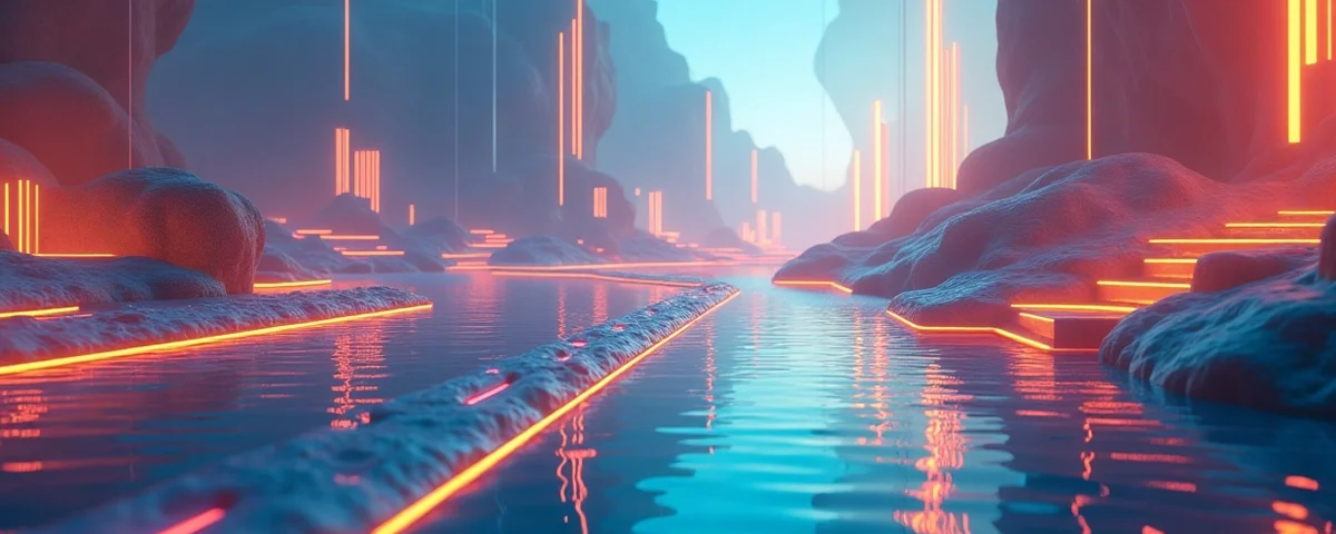 Un paisaje digital futurista que representa escalabilidad y crecimiento web con colores vibrantes y elementos tecnológicos.