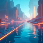 Un paisaje digital futurista que representa escalabilidad y crecimiento web con colores vibrantes y elementos tecnológicos.