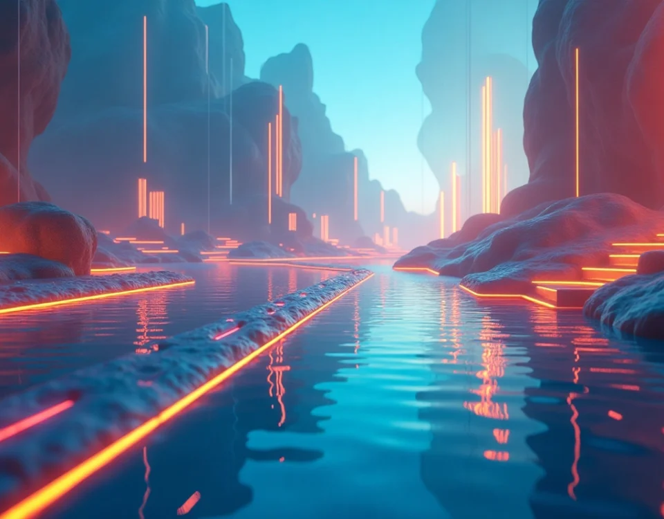 Un paisaje digital futurista que representa escalabilidad y crecimiento web con colores vibrantes y elementos tecnológicos.