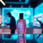 Lujo skincare packaging holográfico en anaquel retroiluminado, estudio diseño futurista con equipo multicultural analizando métricas 3D y brazo robótico creando prototipos. Luz cinemática acentúa etiqueta con reflejos cian-oro, gráficos flotantes muestran engagement de marca y tendencias mercado. Concepto: innovación en diseño de producto impulsando éxito empresarial.