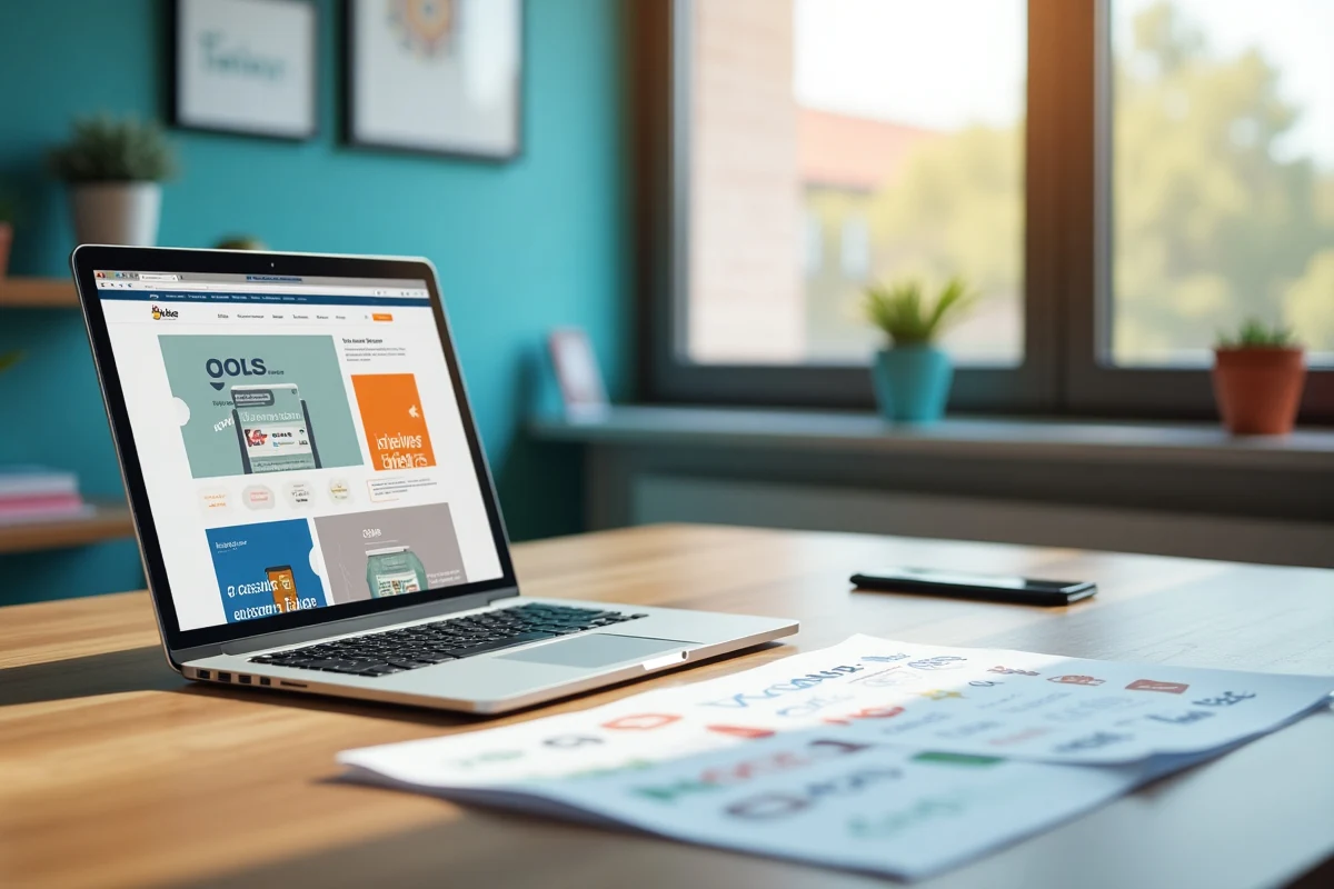 Espacio de trabajo profesional y moderno con laptop mostrando mockups de diseño web de alta calidad